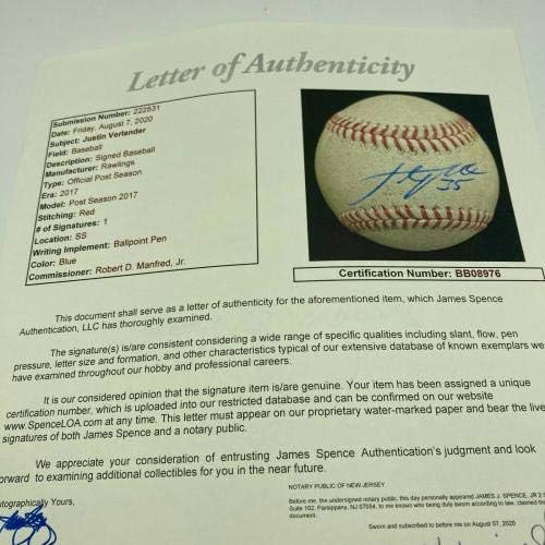 Justin Verlander 35 2017 Postsezona Potpisana igra korištena MLB bejzbol JSA Coa rijetko - MLB igra koristila bejzbol