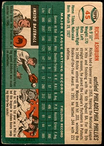 1954. Topps 45 WHT WHT Richie Ashburn Philadelphia Phillies Fair Phillies