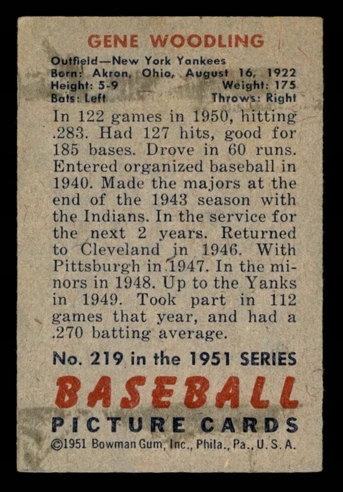 1951. Bowman 219 Gene Woodling New York Yankees VG Yankees