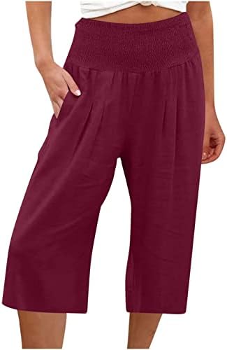 Ženske pamučne posteljine široke noge obrezane hlače Elastični struk povremeni kapris hlače s džepovima labave fit joga hlače