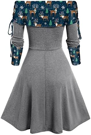 Ženski jesenski i zimski dugi rukav od ramena Čvrsta boja božićni print Patchwork Svečane haljine srednje duljine