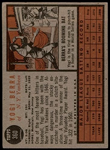 1962. Topps redovna bejzbol Card360 Yogi Berra iz New York Yankees ocjene Good
