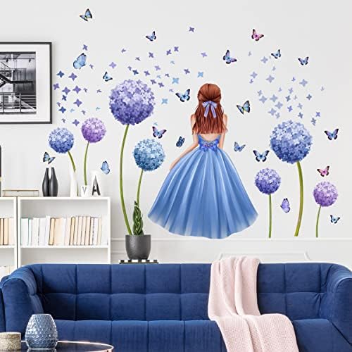 Djevojka maslačak Leptir zidne naljepnice Plavi cvijet zidna naljepnica za djevojke uklonjiva vinilna zidna slika za djevojčice