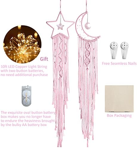 Pink Moon Star hvatači iz snova 2pcs Dreamcatcher sa svjetlima ružičasta soba dekor makrorame zid viseće djevojke dekor dekor