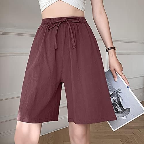 Ženske kratke hlače dužine koljena s džepovima Ljetni labavi fit struc struka široke noge kratke hlače udobne pamučne lanene