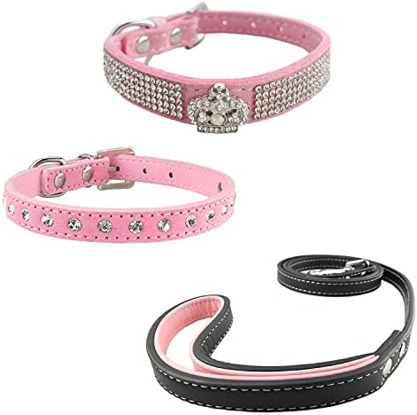 Newtensina 3 komada modni dijamantski ovratnik za pse i ovratnik za uzice s povodcima za male pse - ružičasta - xs