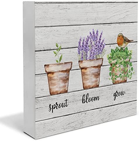 Garden Sprout Bloom Grow Wooden Box Sign Farmhouse Wood Box Sign Spring Art Blocks Selfs Shelf Polica za stol za stolni dekor