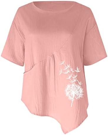 Pamučni platneni vrhovi za žene džepovi s kratkim rukavima majice modni maslačak tiskani cvjetnik labave tunike bluza
