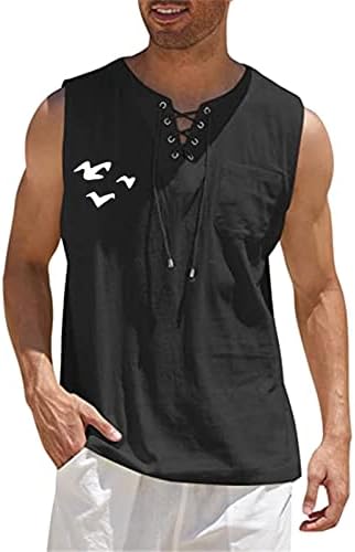ZDDO muški pamučni laneni spremnik vrhovi košulje bez rukava za rukav v vrat grafički ispis casual opuštena fit plaža hipi