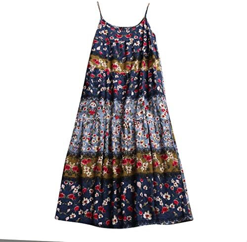Vezad Women Linen Print duga maxi haljina plus veličina labava cvjetna haljina bez rukava