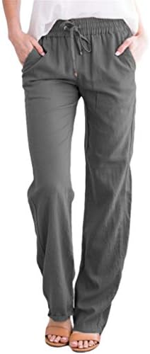 Andongnywell ženske elastične lanene lanene duge hlače palazzo platnene casual hlače oceanside hlače s džepovima